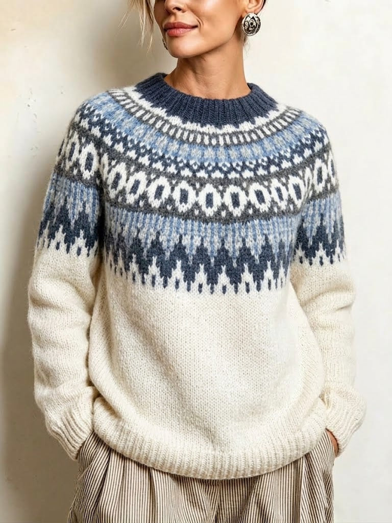 Stylish, Loose-fitting, Color-block Knit Pullover With A Round Neck