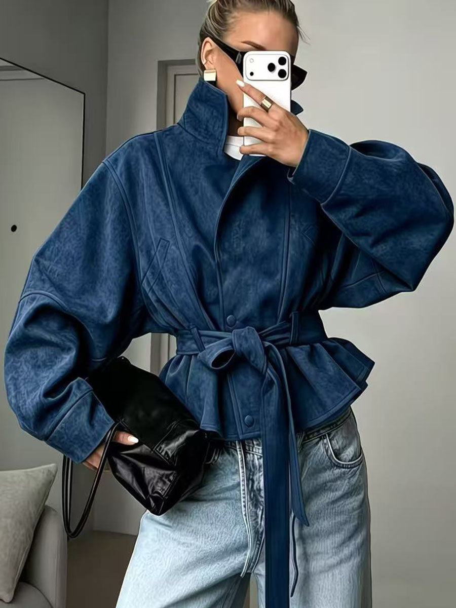 Women's Solid-color Stand-collar Long-sleeve Casual Loose Faux Suede Jacket With Waist-cinching Detail