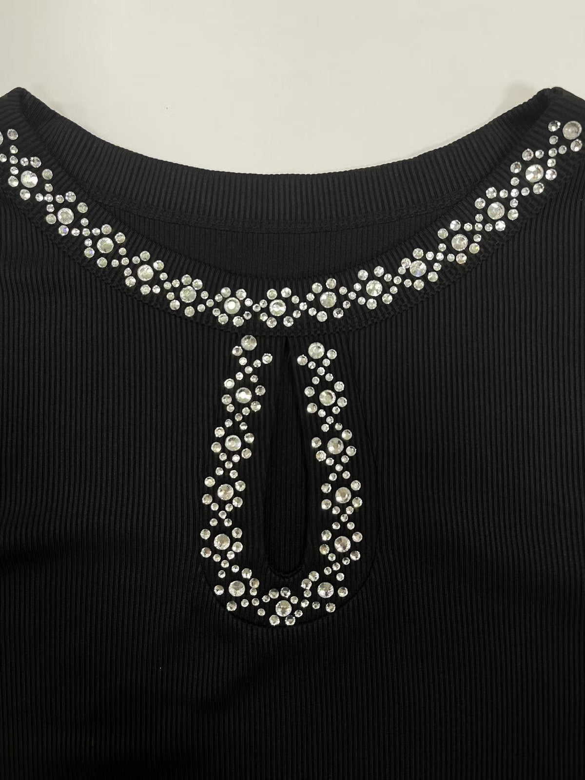 Rhinestone-embellished Ribbed Knit Top