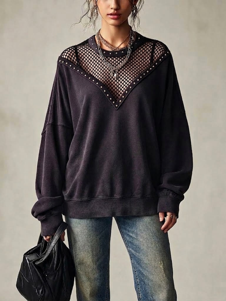 Casual Mesh-paneled, Stud-embellished Loose Sweatshirt