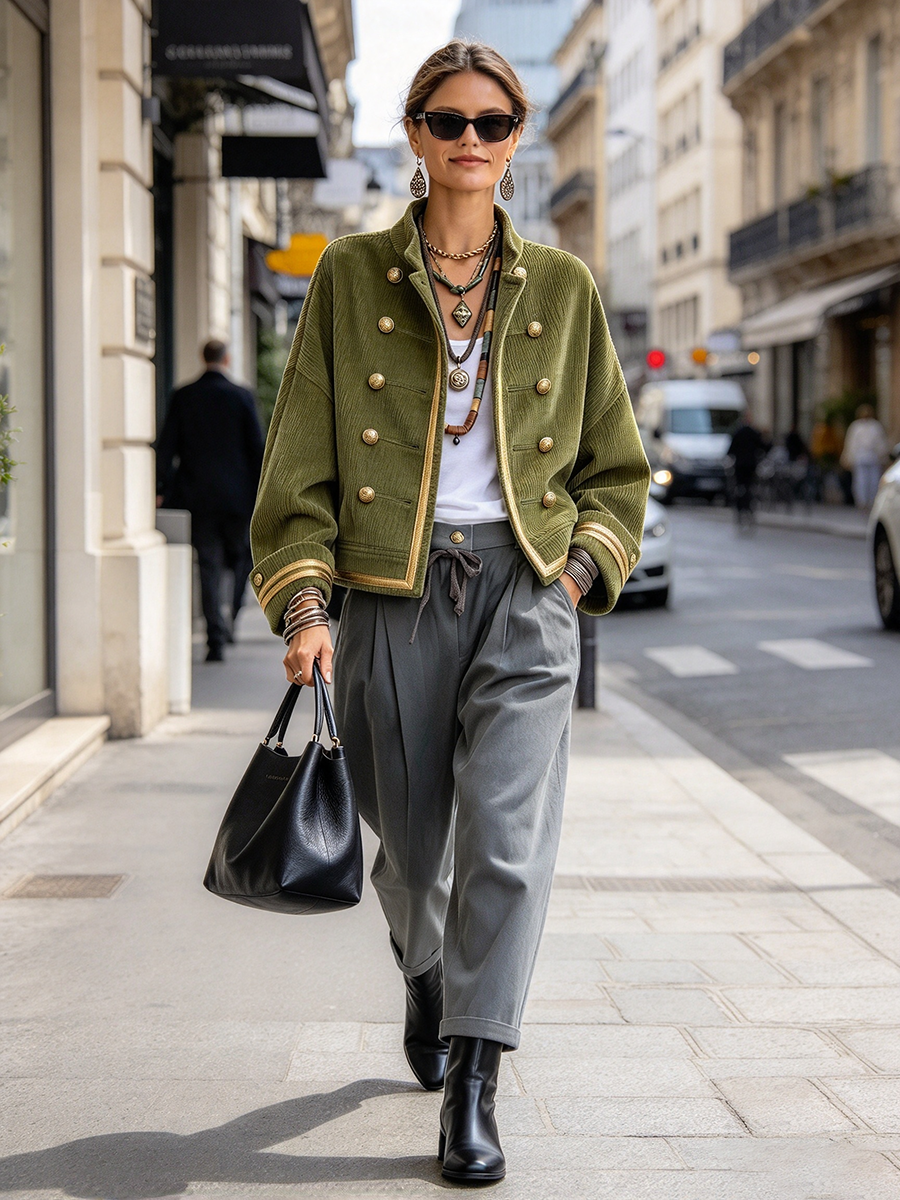 Casual Chic Retro Corduroy Military Cropped Jacket