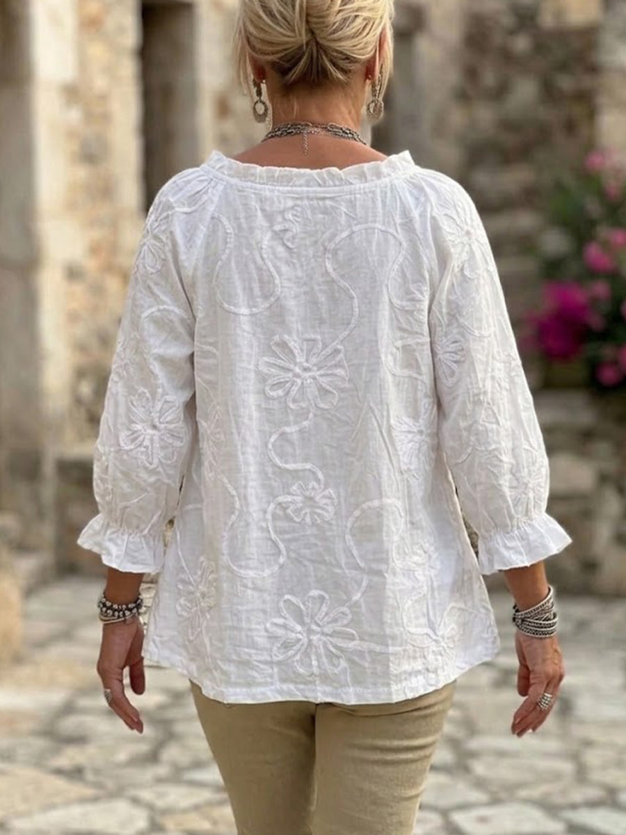 Chic And Elegant Linen-cotton V-neck Top With Ruffles And 3d Floral Embossing
