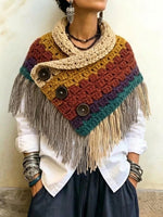 Retro Color-block Crochet Triangle Shawl With Tassels