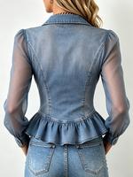 Chic Sexy Mesh See-through Denim Top With Ruffle Trim
