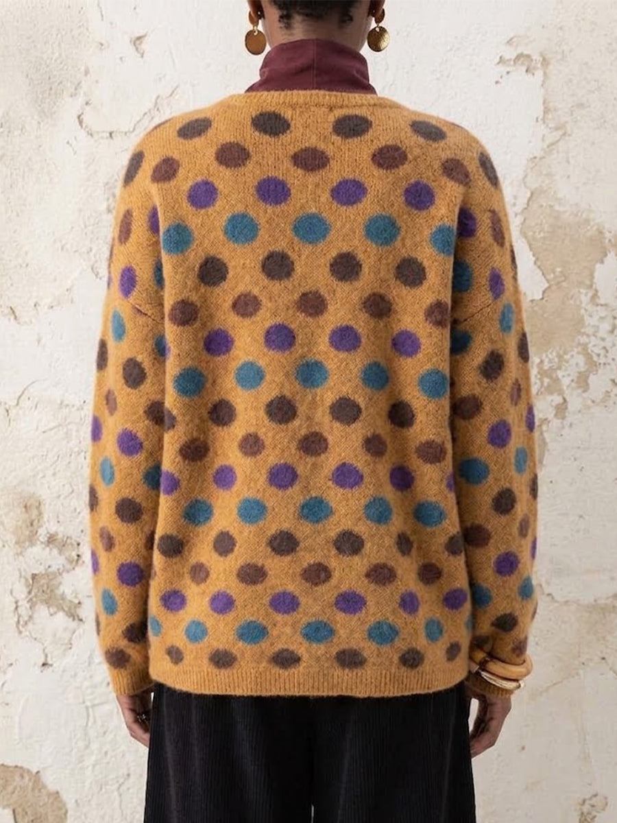 Loose-fit Knit Cardigan Featuring A Crew Neck, Contrasting Color Details, And Colorful Polka-dot Pockets