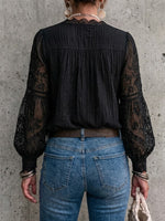 V-Neck Lace Panel Lantern Sleeve Chiffon Blouse