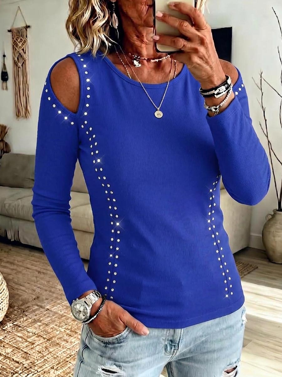 Women's Solid Color Crew Neck Cold-Shoulder Long-Sleeve Loose Casual Rhinestone-Embellished Top