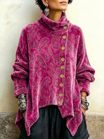 Velvet High-neck Top Featuring A Vintage Paisley Print And An Asymmetrical Button-front Design