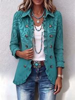 Elegant Teal Floral Print Denim Ruffle Blazer