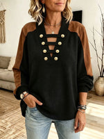 Chic Colorblock Waffle Knit Top With Gold Button Accents