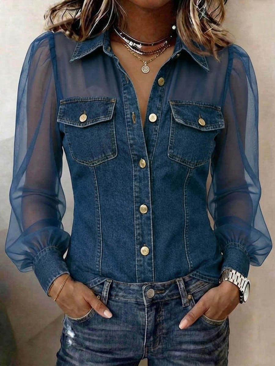 Women's Collared Long-sleeved Casual Loose Chiffon Patchwork Denim Shirt
