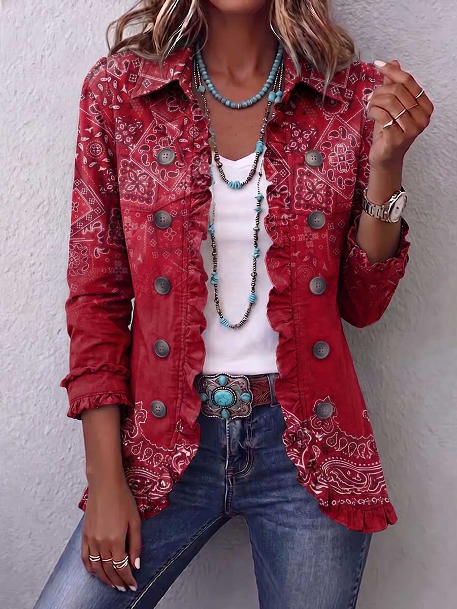 Women's Retro-style Printed Collared Long-sleeved Casual Loose Cardigan