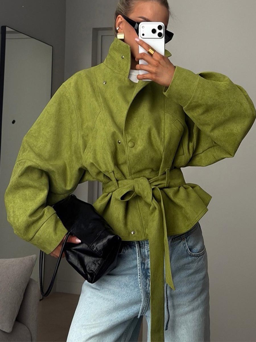 Women's Solid-color Stand-collar Long-sleeve Casual Loose Faux Suede Jacket With Waist-cinching Detail