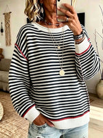 Casual, Loose-fitting, Long-length Color-block Striped Knit Top