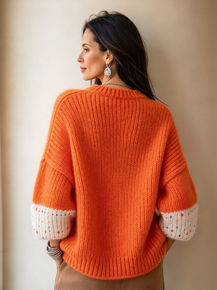 Vibrant Orange Contrast Speckled Cuffs Chic Oversized Knit Sweater