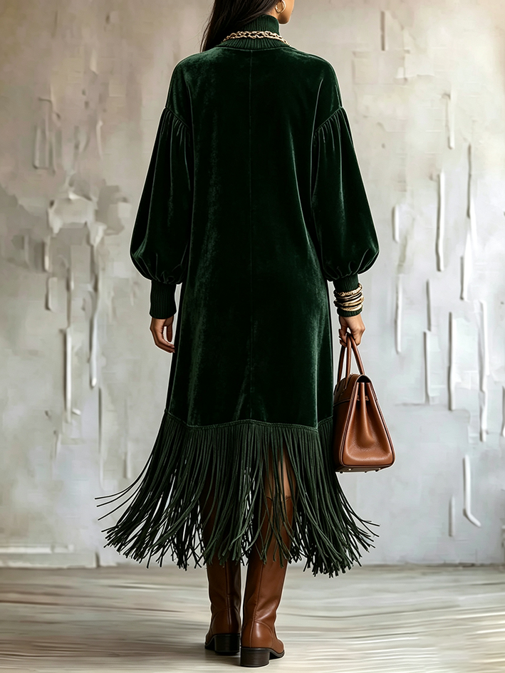 Elegant Velvet Turtleneck Fringe Hem Long Sleeve Dress