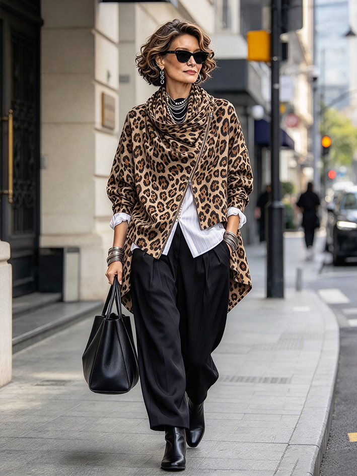 Chic Urban Leopard Print Asymmetrical Zip Jacket