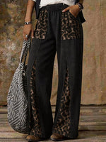 Women's Casual Wide Leg Pants With Leopard Print Splicing