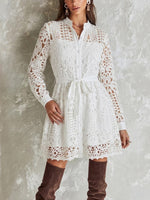 Stand Collar Full Button Hollow Water-soluble Lace Waist Tie Mini Shirt Dress