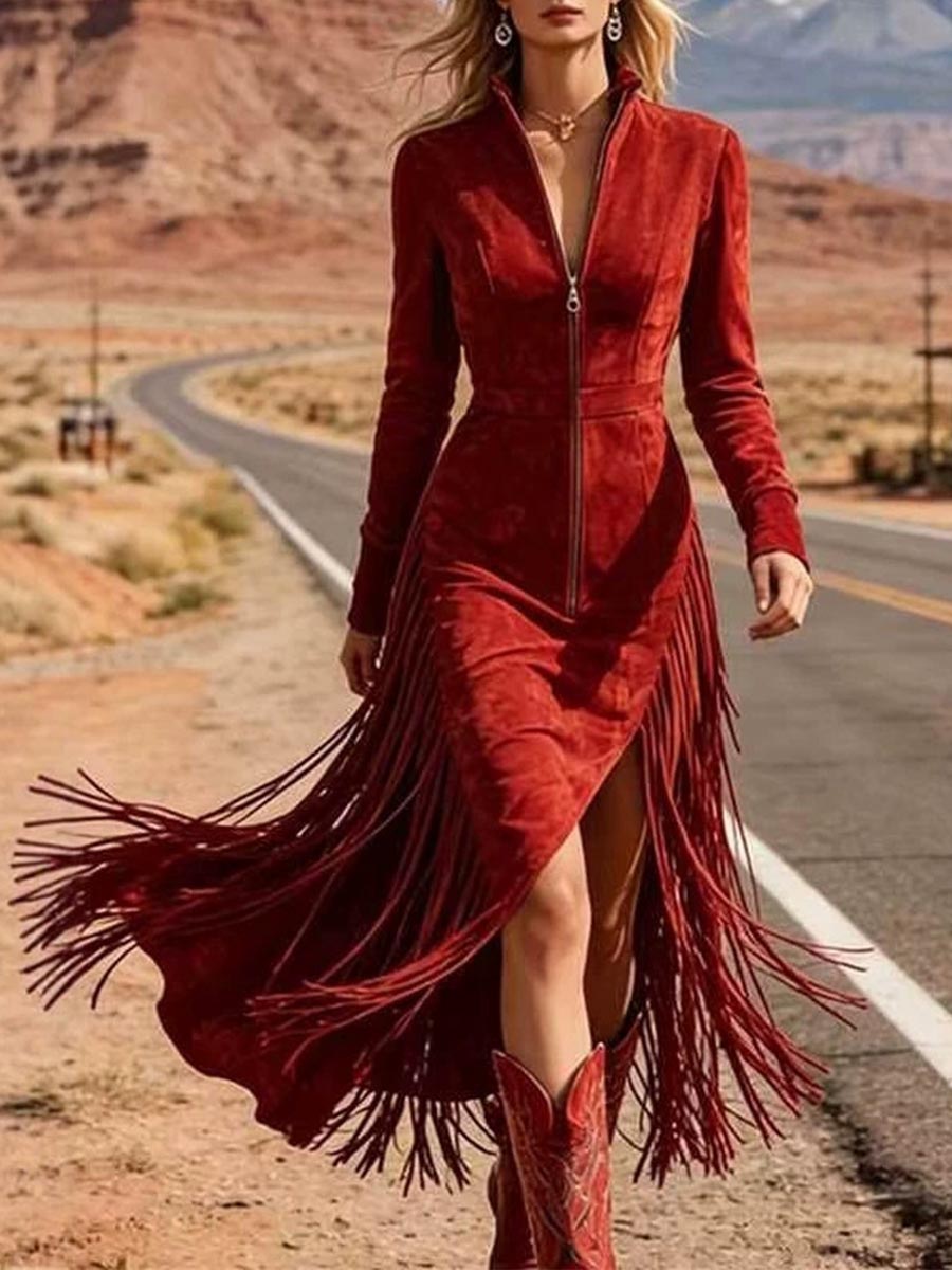 Women's Solid-color Stand-collar Long-sleeve Casual Slim-fit A-line Dress With Tassels