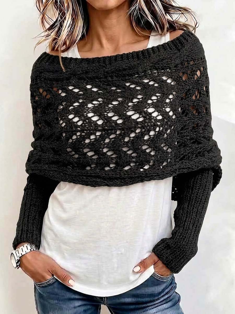 Women's Solid-Color Reversible Long-Sleeve Cut-Out Knit Shawl