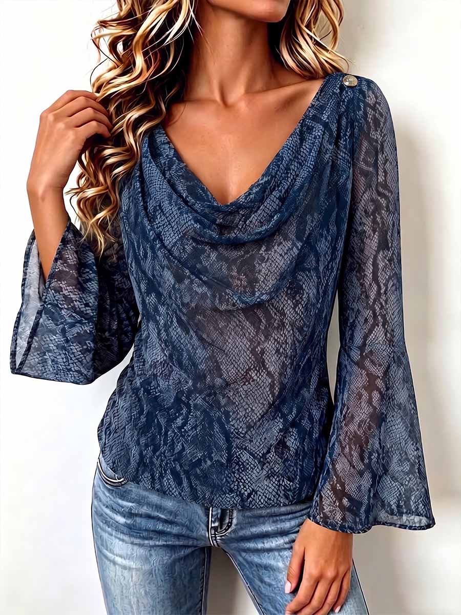 Women's Snakeskin Print Halter Neck Long Sleeve Casual Loose Chiffon Top
