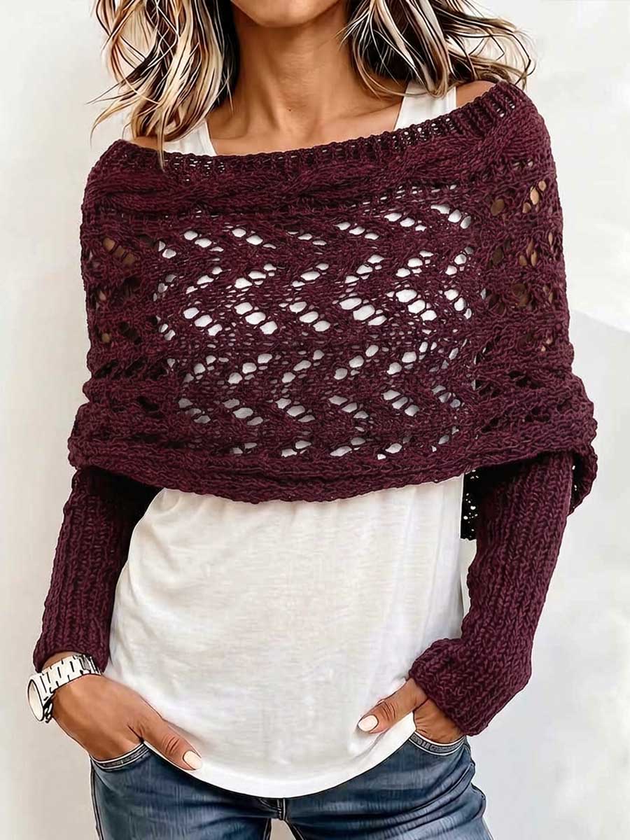 Women's Solid-Color Reversible Long-Sleeve Cut-Out Knit Shawl