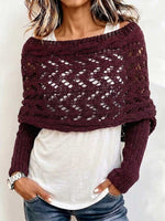Women's Solid-Color Reversible Long-Sleeve Cut-Out Knit Shawl