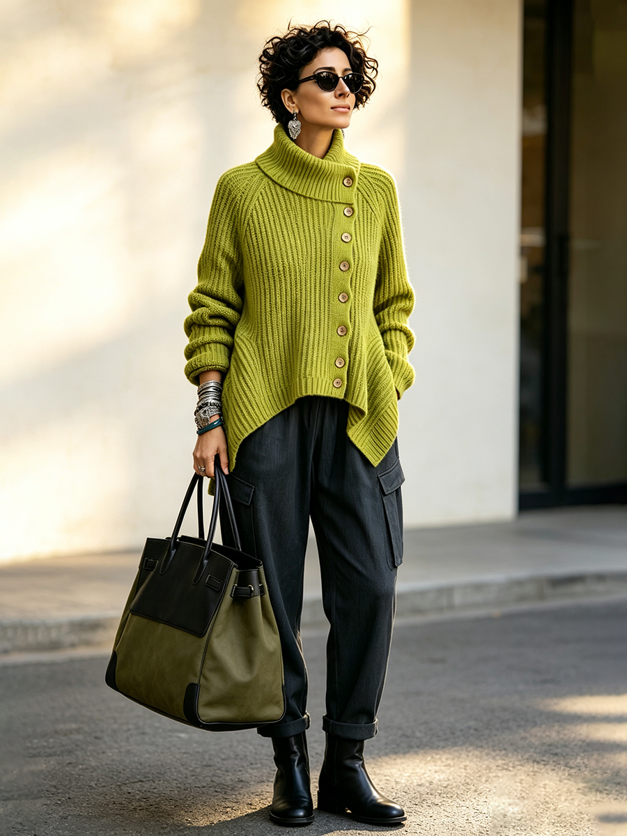 Artistic Cut Lime Green Irregular High-neck Sweater