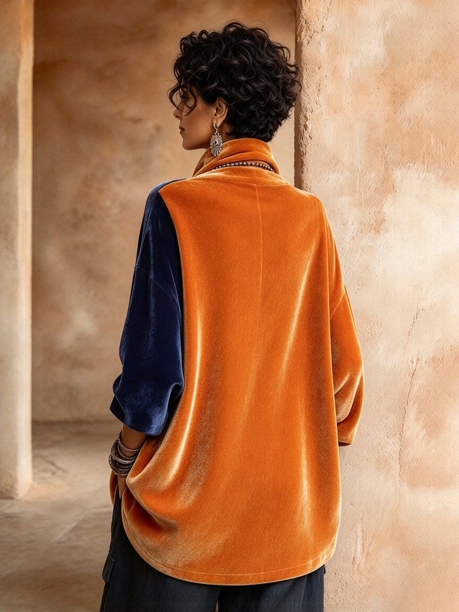 Bohemian Color-block Asymmetric Velvet Top
