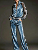 Women's Leopard Print Velvet Set: Long-sleeve Stand-collar Jacket With Mesh Paneling & High-waisted Wide-leg Pants (relaxed Fit)
