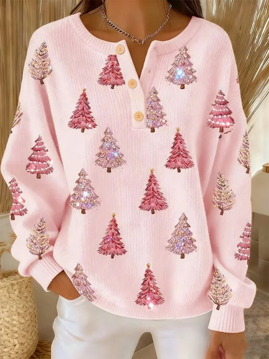 Cozy Chic Pink Christmas Tree Knit Sweater