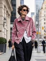 Asymmetric Zipper Pink Leopard Print Velvet Jacket