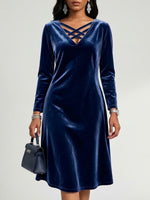 V-neck Crisscross Strap Velvet Long Sleeve Dress
