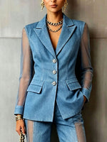 Chic Sheer-paneled Denim Blazer Jacket