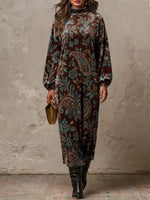 Vintage-style Paisley Floral Velvet Long-sleeve Dress With A High Neck