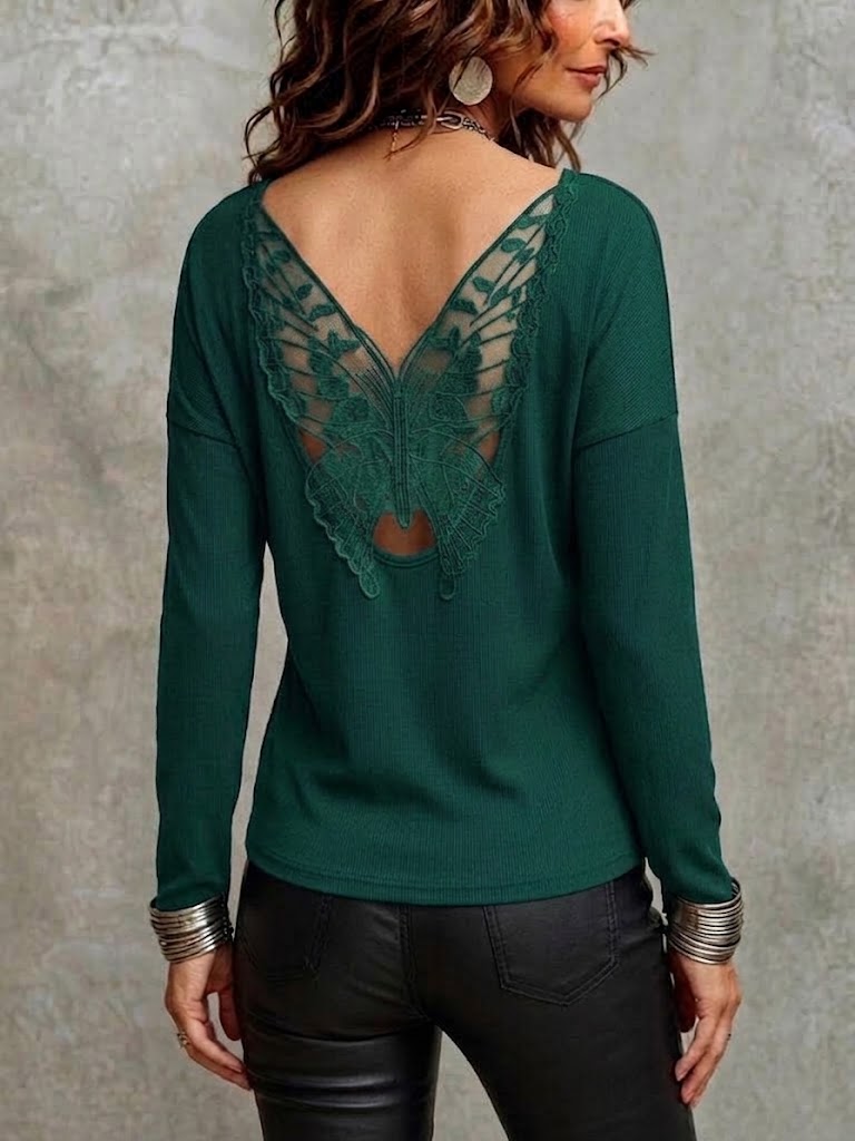 Solid-color Long-sleeve Ribbed T-shirt With Butterfly-floral Back Paneling