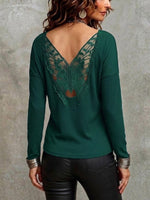 Solid-color Long-sleeve Ribbed T-shirt With Butterfly-floral Back Paneling