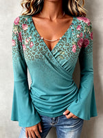 Bohemian Floral Leopard Stretchy Flared Sleeve Blouse