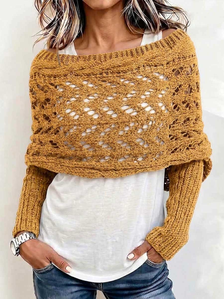 Women's Solid-Color Reversible Long-Sleeve Cut-Out Knit Shawl