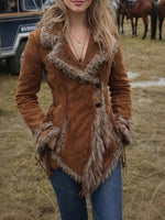 Western-style Faux Suede Jacket With Shearling Trim