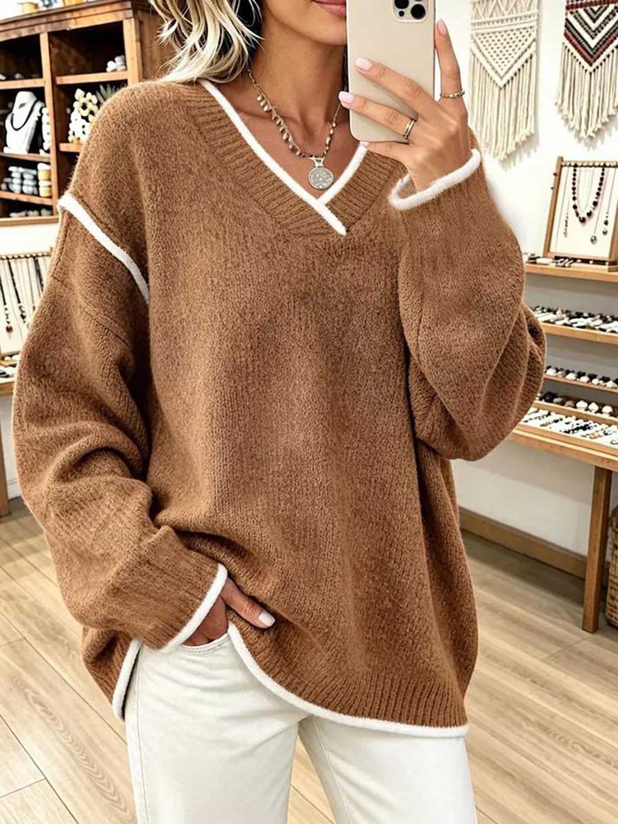 Casual Oversized V-neck Knit Sweater With Contrast Piping