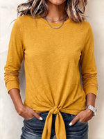 Women's Solid Color Round Neck Long-sleeved Casual Loose Cotton Tie Top