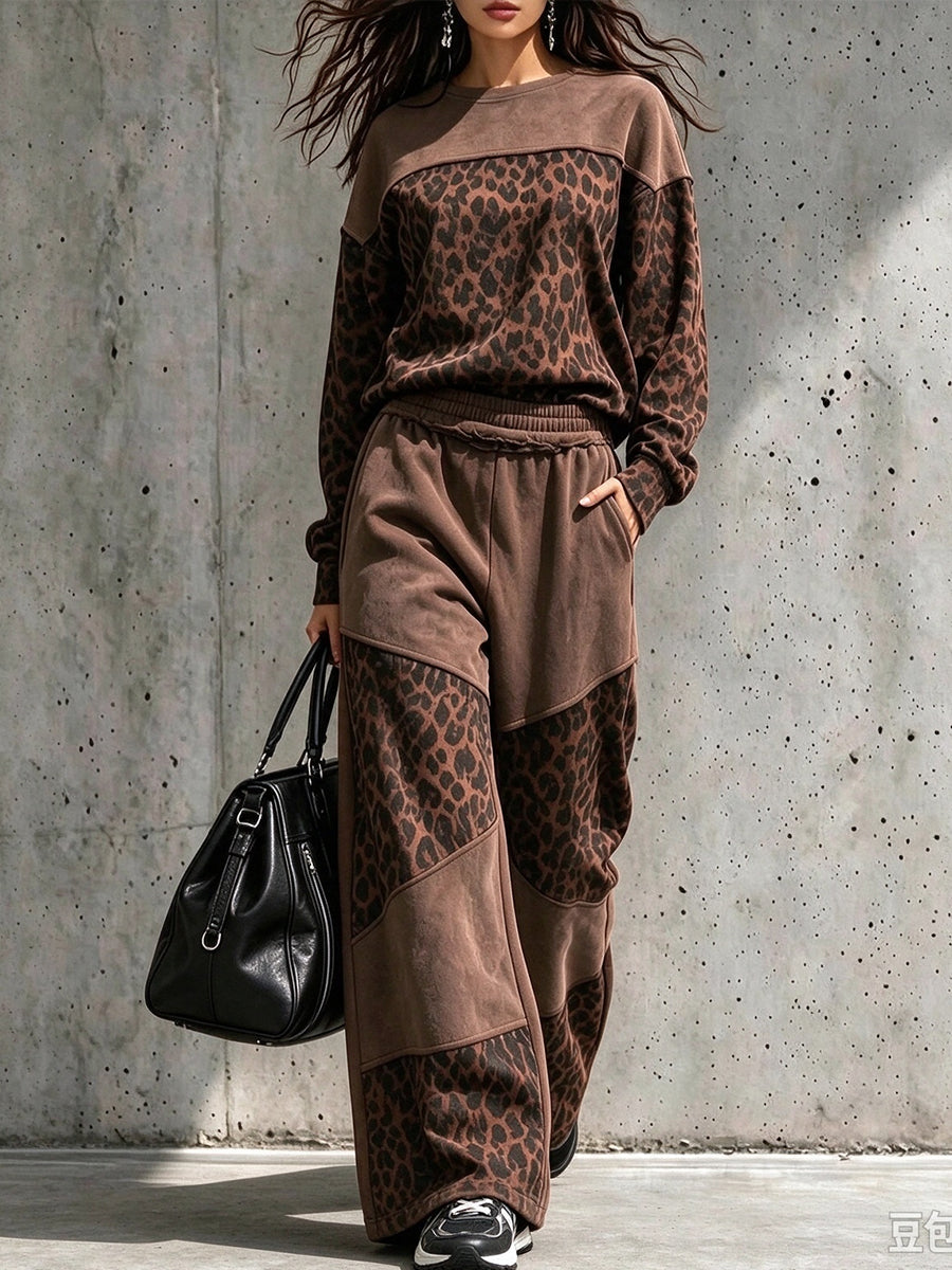 Chic Leopard-Print Patchwork Lounge Set