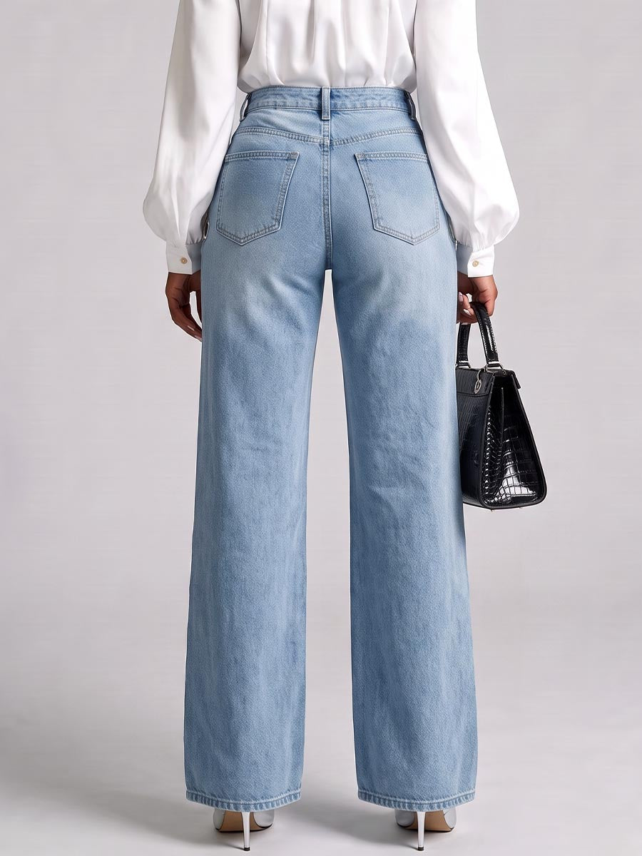 Women's High-waisted Casual Loose-fitting Wide-leg Jeans With Metallic Eyelets