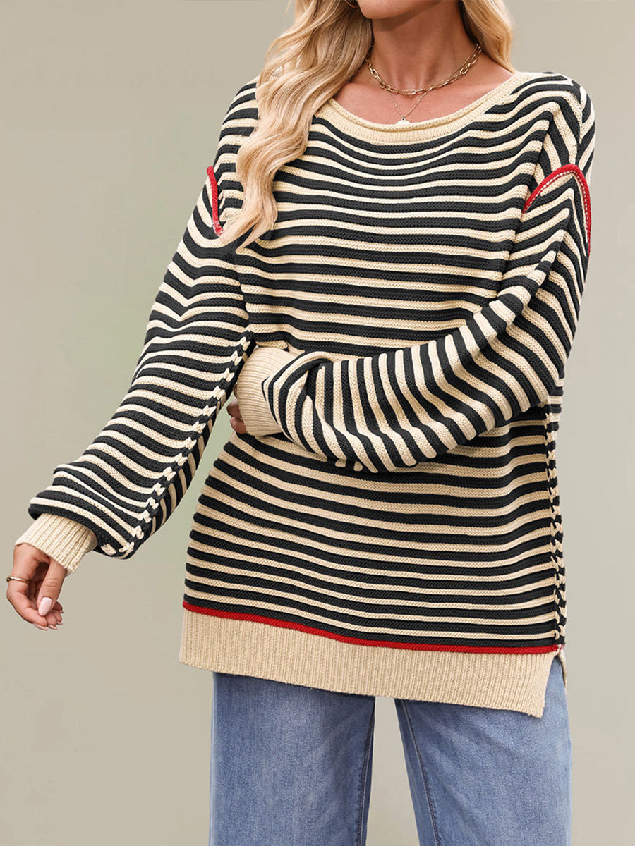 Casual, Loose-fitting, Long-length Color-block Striped Knit Top