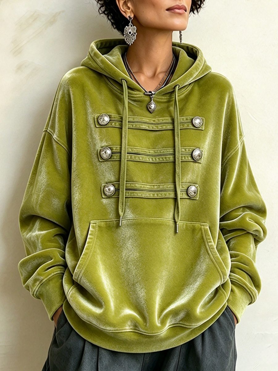 Chic Military-inspired Velvet Hooded Fall Winter Sweatshirt
