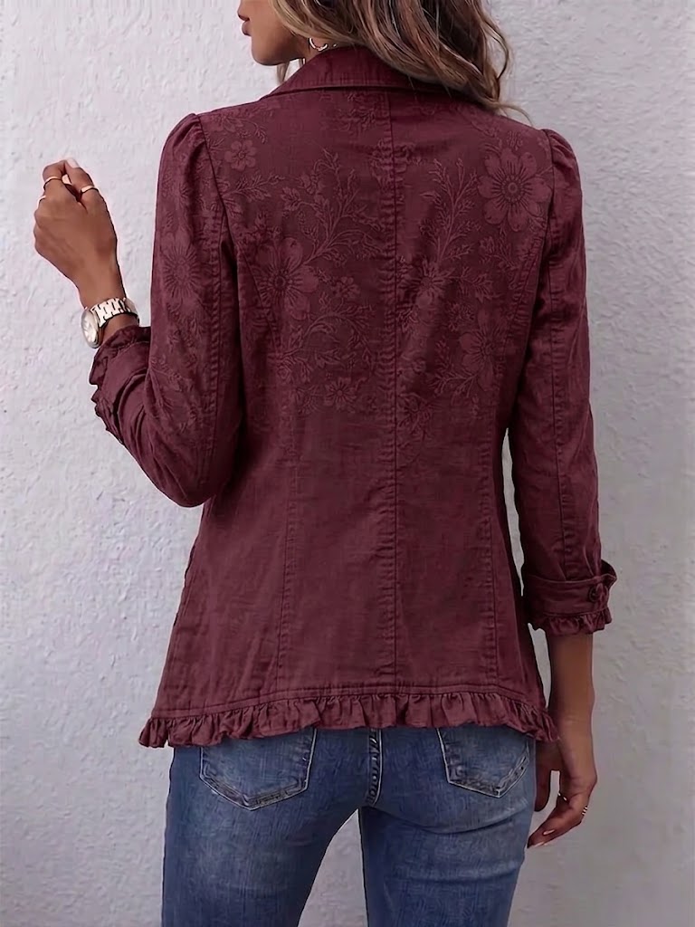 Boho-style Vintage Jacket With Subtle Floral Pattern And Ruffle Details.