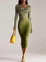 Women's Zebra-print Ombré Crew-neck Long-sleeve Bodycon Dress