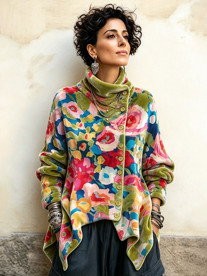 Vintage Floral Print Asymmetrical Button Turtleneck Top